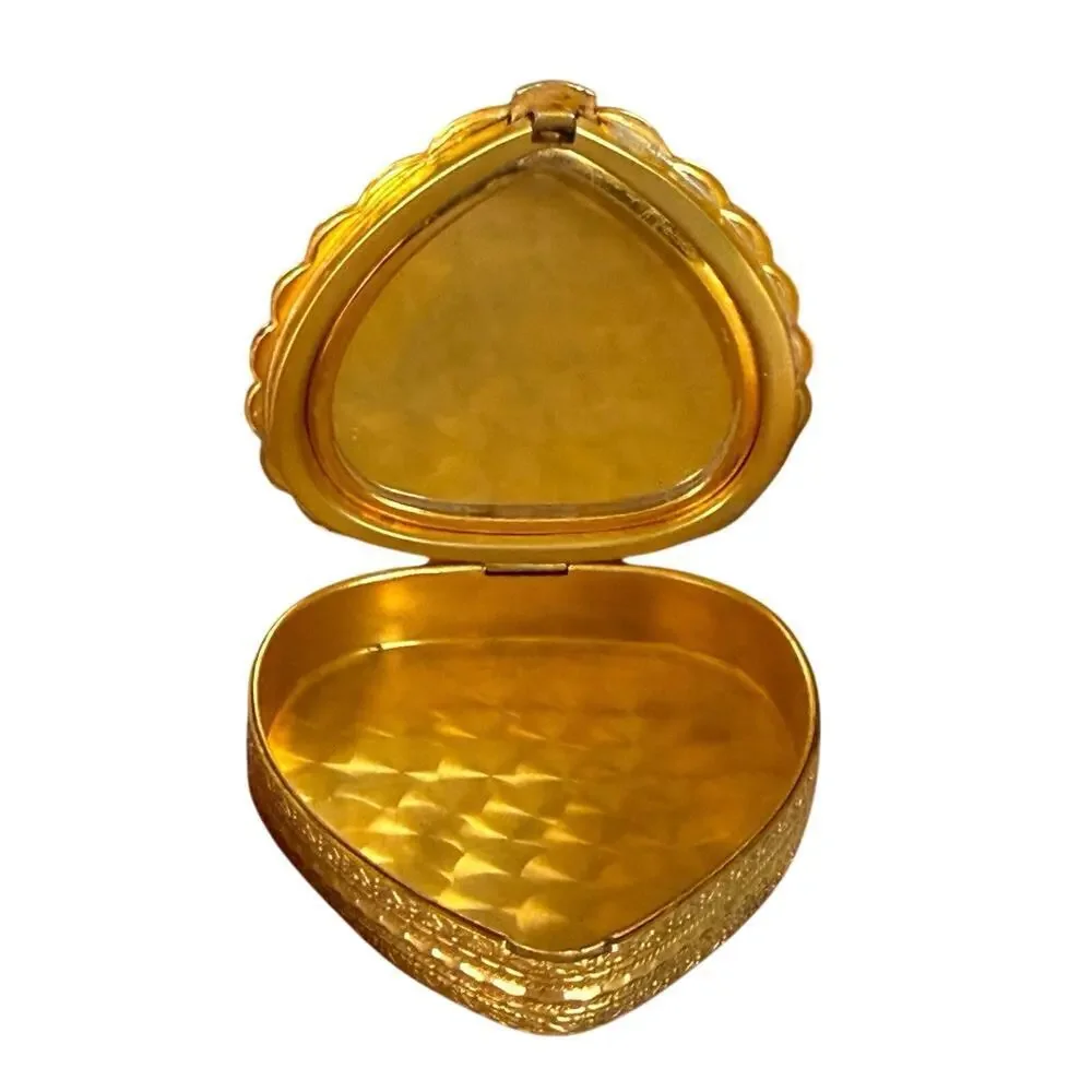 Vintage La Mode Compact Mirror Gold Tone Floral Heart Scalloped Vanity